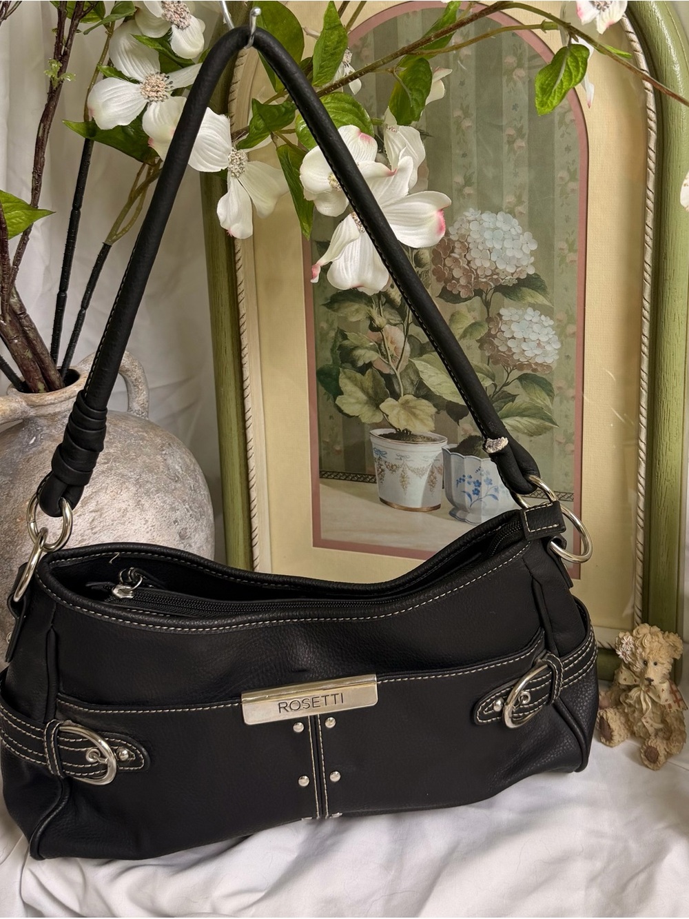 Y2K Rosetti Black Faux Leather Shoulder Bag with Silver Hardware - Whimsigoth - Picture 4 of 9